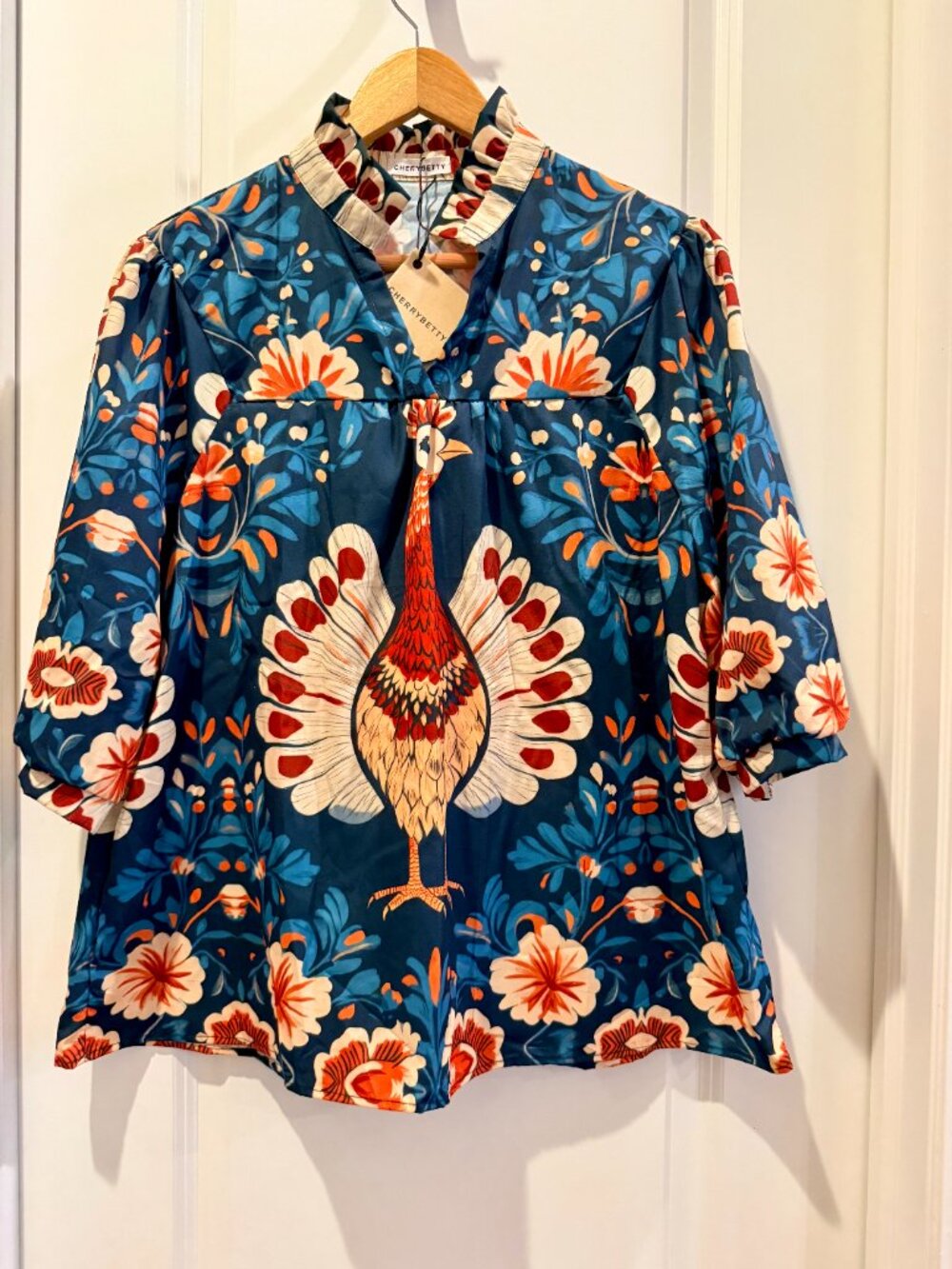 Cherrybetty Women's Large Blue Floral Peacock Print Ruffle Collar Top NWT